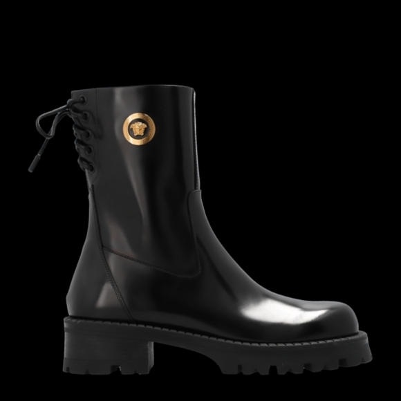 Versace Black Combat Boots with Gold Medallion - Picture 8 of 9
